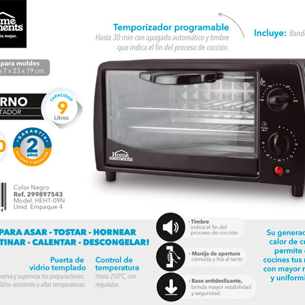 Horno tostador home best sale elements 9 litros precio